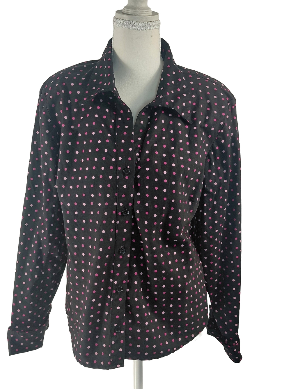 Dressbarn Black Blouse with Pink Polka Dots Size Medium